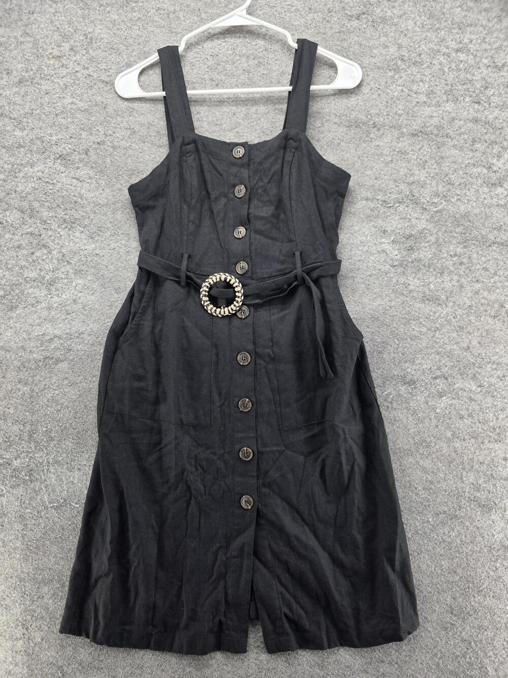 Blu Pepper Sundress Womens S Black Square Neck Strappy Belted Rayon Linen